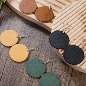 Elegant Wooden Earrings Set - Black, Brown, Green, Yellow